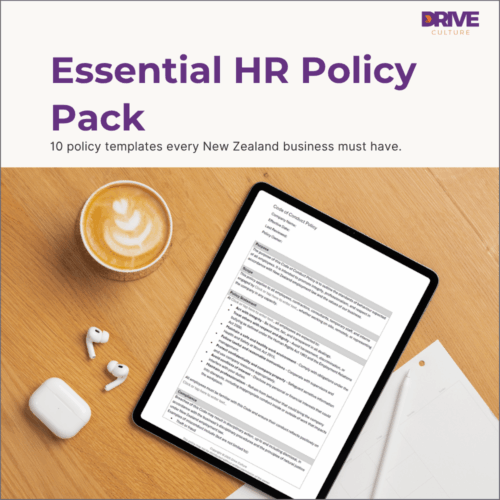 Essential HR Policy Pack shown on a tablet – 10 editable HR templates for New Zealand employers, including Code of Conduct, Leave, and Privacy policies.